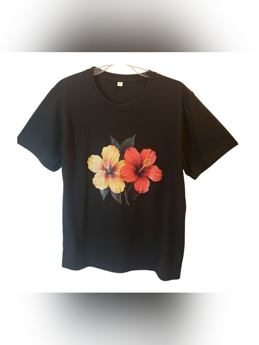 Black Tee with Yellow & Red Hibiscus Floral Print